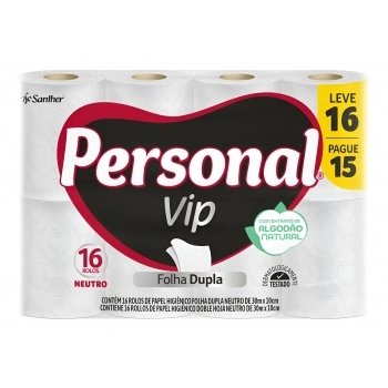 Papel Higiênico Personal Vip Folha Dupla Neutro 30m Lv16Pg15